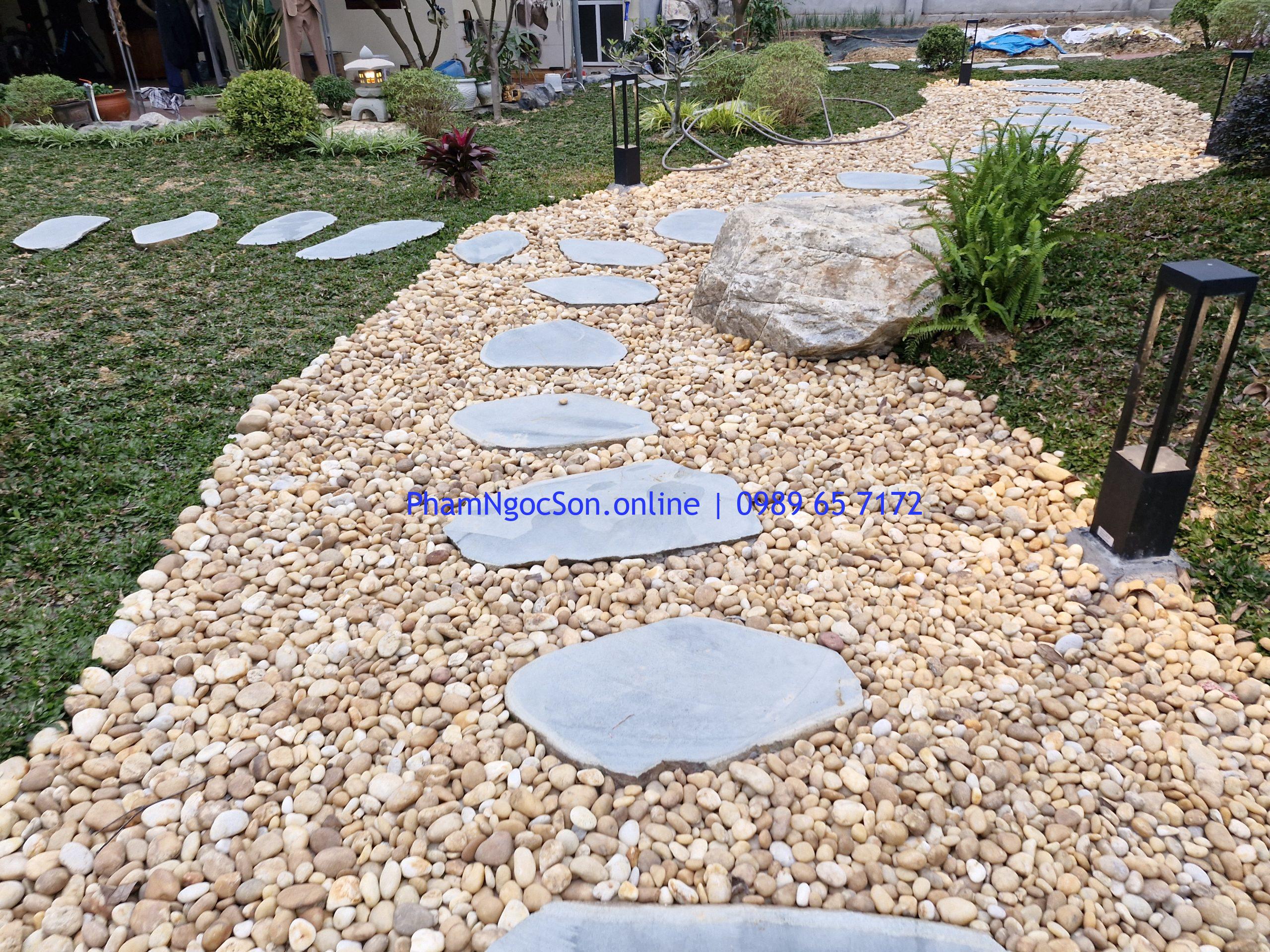 sỏi cuội vàng kết hợp cùng đá bước dạo
